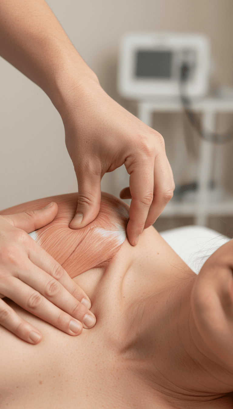 Therapist performing precise soft tissue mobilization on patient's shoulder in professional clinical treatment