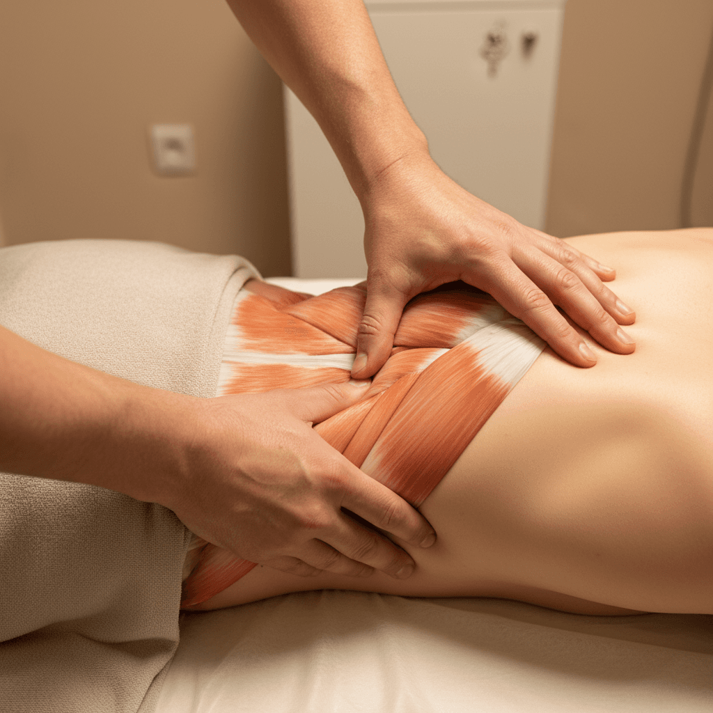 Close-up overhead view of osteopath's hands performing lumbar spine soft tissue mobilization