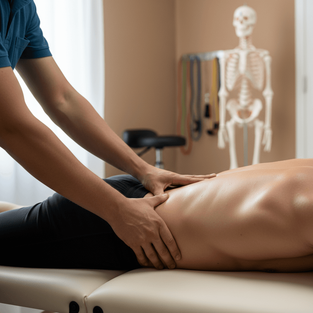 Osteopath performing spinal manipulation technique on athlete's back in clinical treatment setting